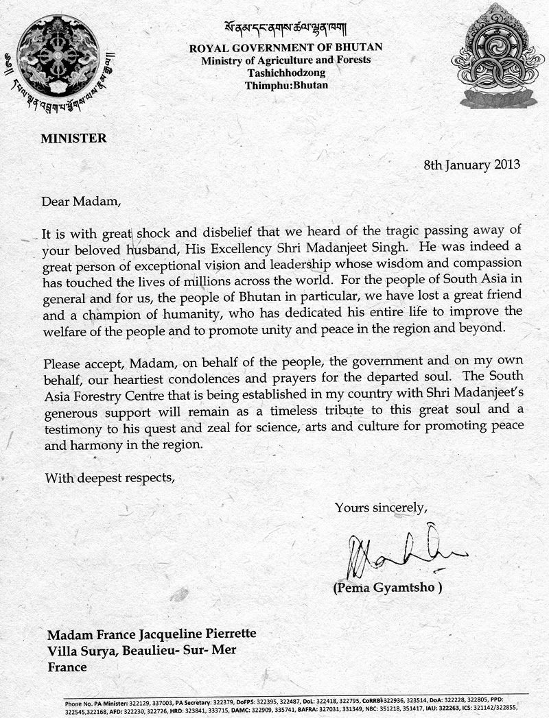 Letter from Ministry of Agriculture and Forests, Bhutan
