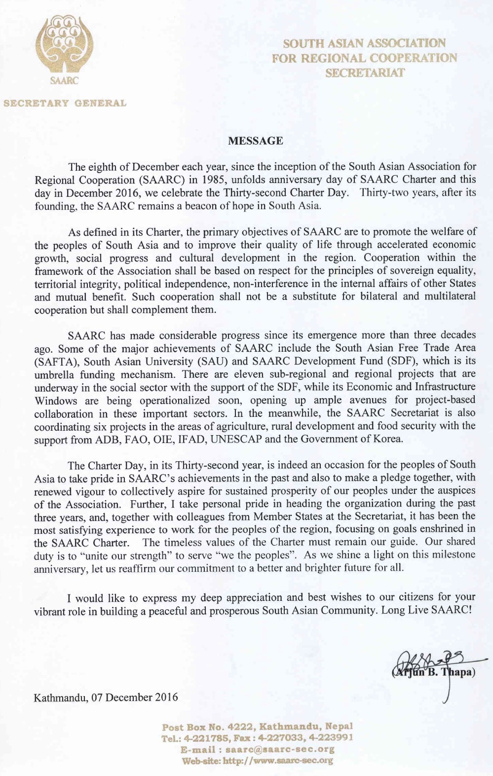 Message from H E Mr Arjun B Thapa , Secretary General of SAARC on the occassion of 32 SAARC Charted Day- outh Asia Foundation Apex Body of SAARC uploaded by Sunil Binjola Aksh
