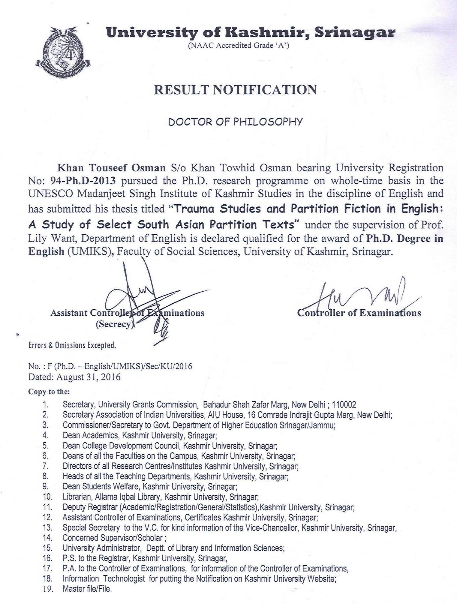 Mr. Khan Touseef Osman Completes PhD from UNESCO Madanjeet Singh Institute of Kashmir Studies