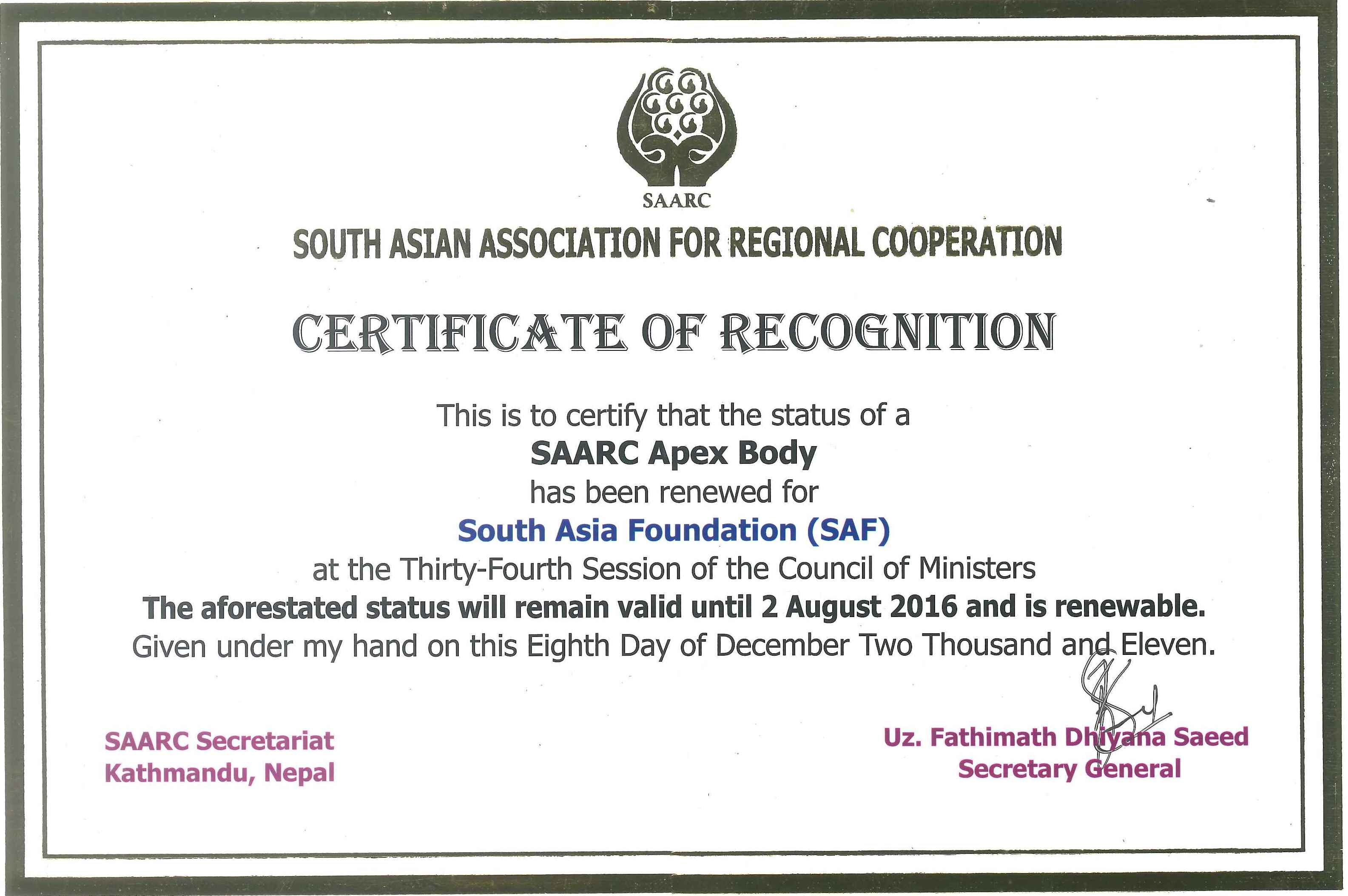 South Asia Foundation India SAARC Certificate Renewal for another 5 Years till 2 Aug 2016
