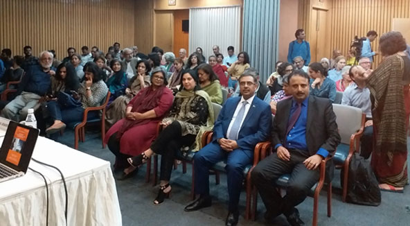 Jam-packed auditorium even before the talk: Visible in the front row — Political Counsellor of Pakistan in India Tariq Karim (right) and newly appointed High Commissioner of Pakistan in India, Sohail Mehmood (second from right).