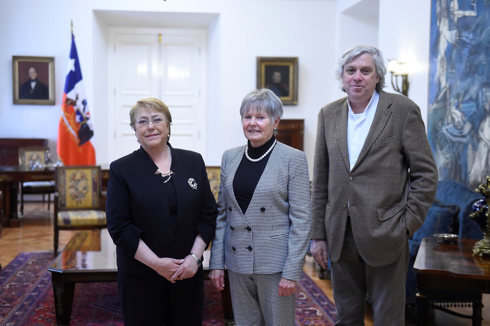 H.E. Michelle Bachelet, The President of Chile, receives Mme France Marquet, Trustee, Madanjeet Singh foundation and Mr Francisco  Javier Estevez Valencia, laureate 2014 of the UNESCO Madanjeet Singh prize for the promotion of tolerance and non-violence