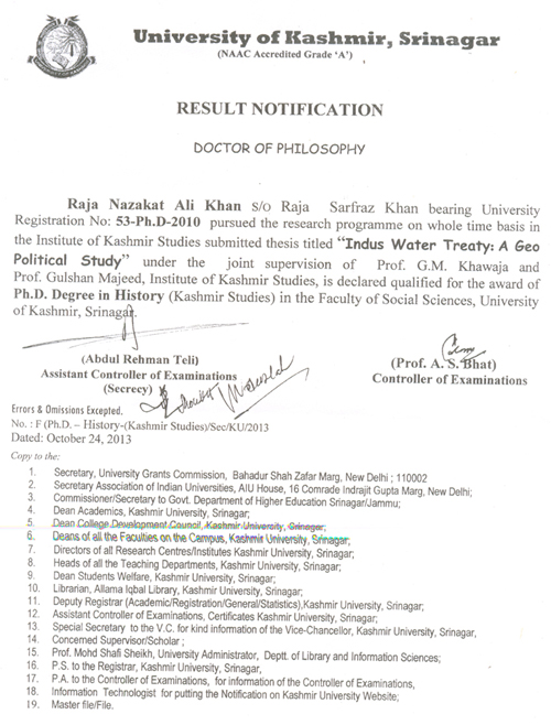 Dr Raja Nazkat Ali Khan PhD Result
