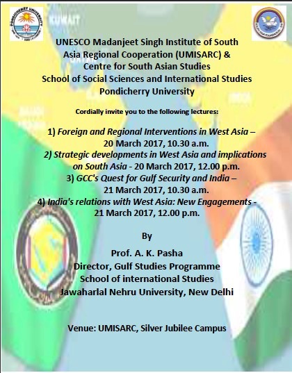 UMISARC invites to attend the lectures by Prof. A.K. Pasha on 20-21 March 2017