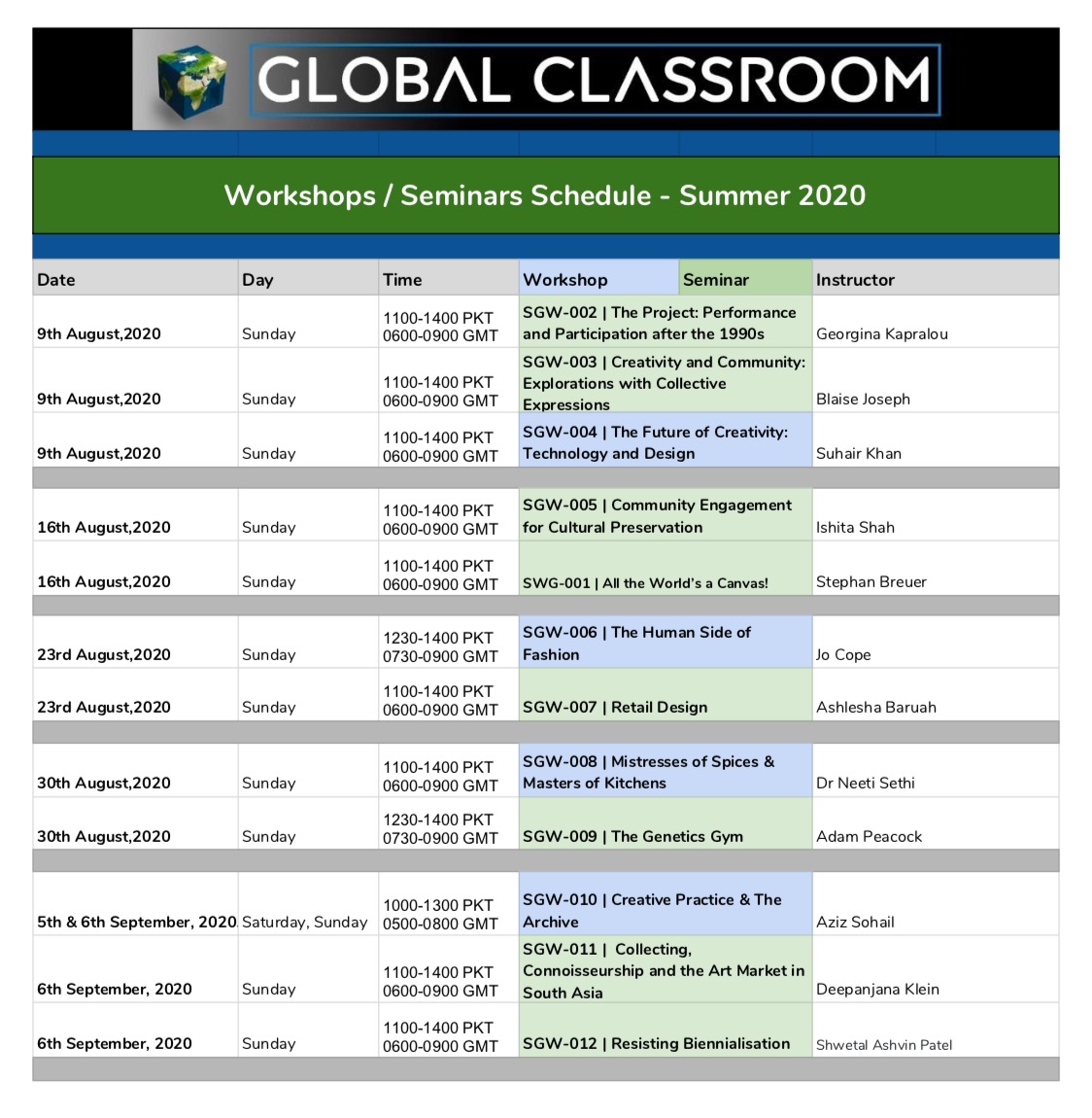 Global Classroom Workshops/Seminar Schedule-Summer 2020