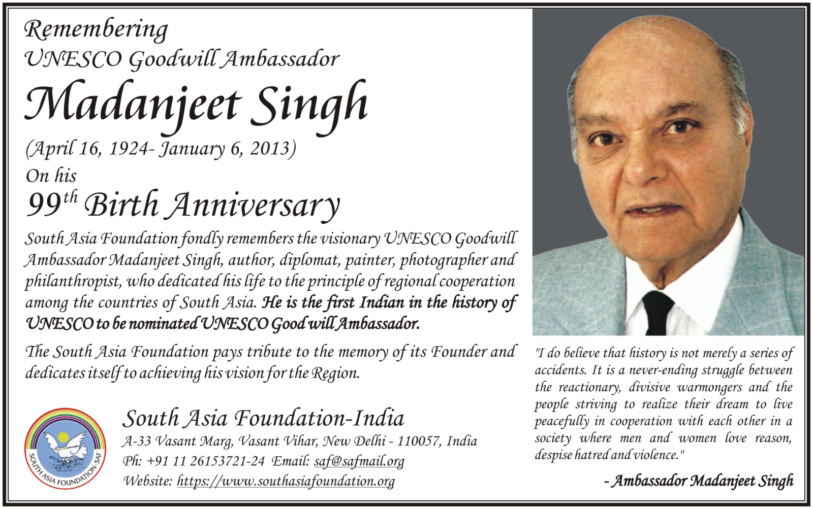 The South Asia Foundation pays tribute to the memory of its Founder UNESCO Goodwill Ambassador Madanjeet Singh